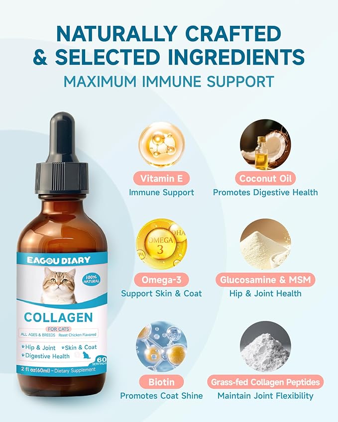 Collagen for Cats - Hip and Joint Supplement, Digestive & Immunity Support, Skin & Coat Health, Liquid Collagen for Cats with MSM, Glucosamine, Coconut Oil, Vitamin E, Roast Chicken Flavored, 60ml