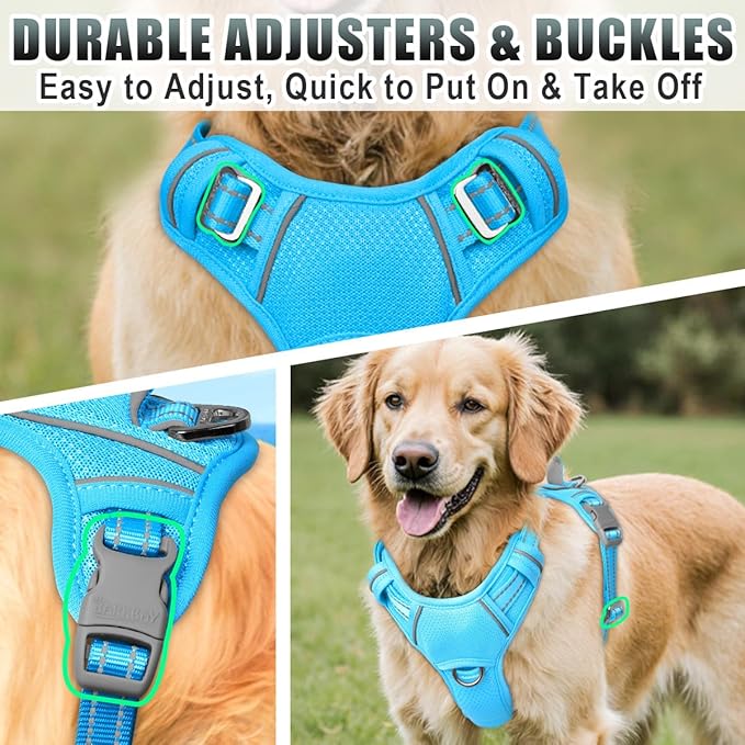 BARKBAY No Pull Dog Harness Large Reflective Dog Harness with Front Clip and Easy Control Handle for Walking Training Running with ID tag Pocket(Blue,M)