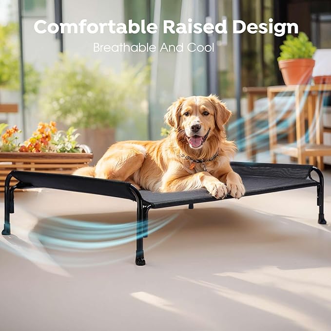 Veehoo XL Outdoor Elevated Dog Bed, Raised Dog Cot for Extra Large Dogs, Cooling Washable Waterproof Pet Hammock Beds with Slope Headrest, Breathable Mesh and Sturdy Frame, X-Large, Black, CWC2204