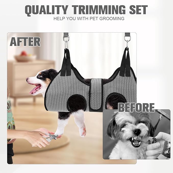PAWCHIE Dog Grooming Hammock Harness for Dogs & Cats with Pet Nail Clipper Trimmer- Breathable Cat Hanger Sling for Trimming Clipping Nails-Dog Hammock Restraint Bag for Small Medium Large Dog,Grey XS