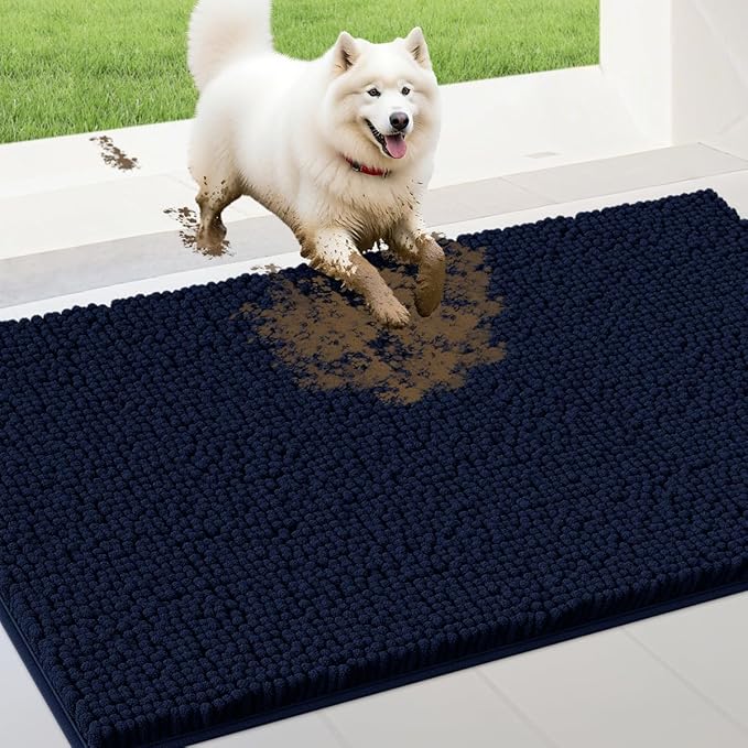 IM HOME 48" x 38" Navy Blue Dog Door Mats for Muddy Paws, Chenille Absorbent Dog Mat, Non Slip Heavy Mud Mat for Dogs, Soft Pet Bed Mat for Entryway, Mud Paws, Inside Floor