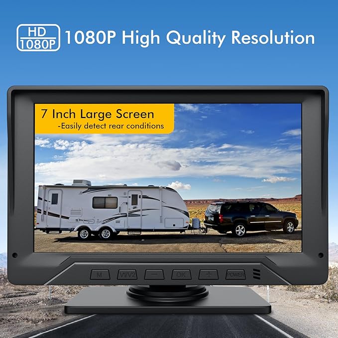 RV Backup Camera Plug and Play, 7'' Backup Camera for Truck Trailer, No Delay, 1080P HD, 2 Channels, 150° Wide Angle, DIY Guide Lines, Night Vision, IP69 Rear View Camera