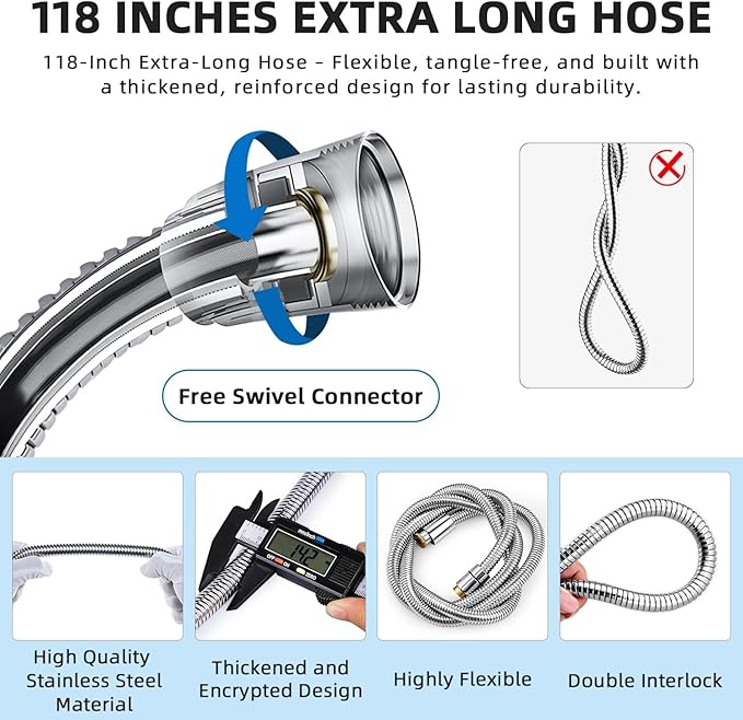 G-Promise Dog Shower Sprayer Attachment for Fast and Clean Pet Showering, Multifunctional Shower, Metal Diverter, 118 Inch Extra Long Hose, No Drill Hook, Dog Washing-Bathroom (Chrome)