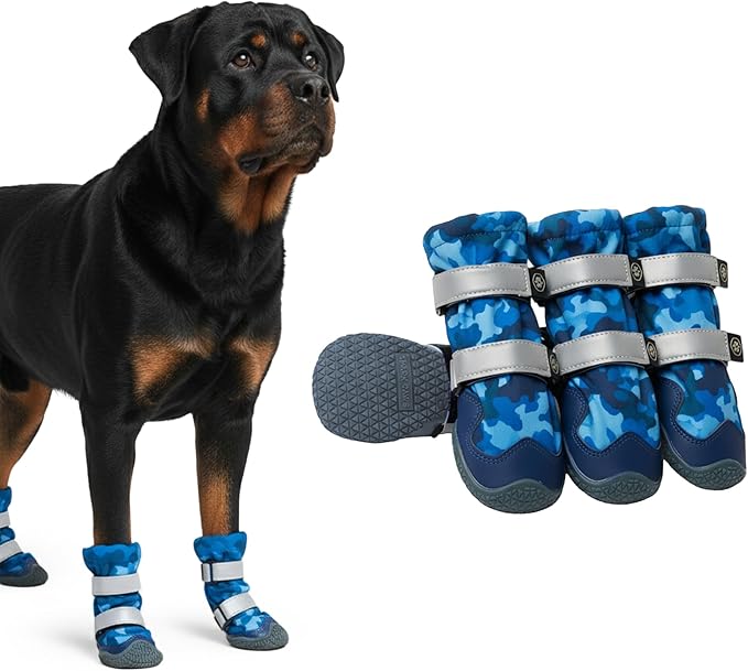 Spark Paws Dog Shoes, Waterproof Dog Boots for Medium to Large Dogs, Non Slip, Breathable Dog Booties and Paw Protectors - 4PCS Doggie Hiking Boots with Reflective Straps, Blue Camo, Size 8