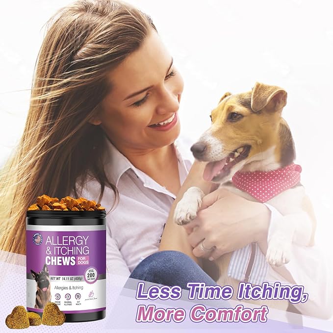 Dog Allergy Chews - Dog Allergy and Itching Skin Relief Anti Itch Aller Immune Bites for Dogs licking Paws Relief Itchy Chew Probiotics Vitamins for Skin and Coat Allergies - (Peanut Butter, 200 Ct)