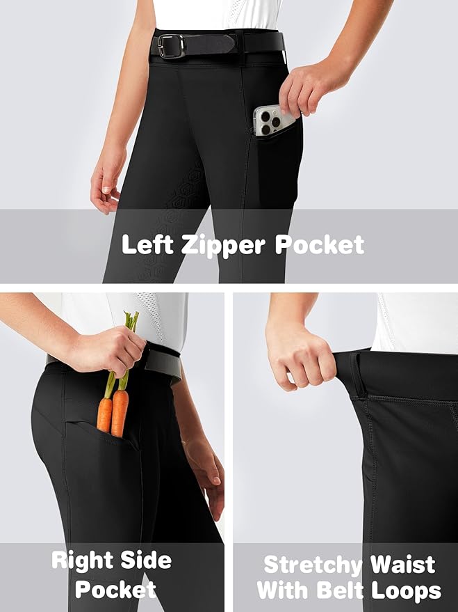 FitsT4 Sports Girls Riding Pants Full Seat Kids Equestrian Breeches Stretchy Youth Horse Schooling Tights Zipper Pockets