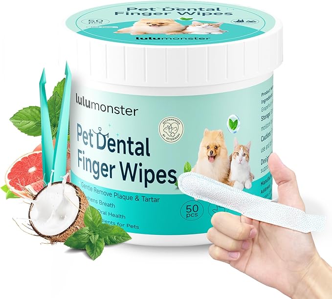 Pet Dental Finger Wipes for Dogs & Cats, Dog Teeth Cleaning Wipes Tooth Brushing Kit by Remove Plaque and Tartar & Freshens Breath Buildup No-Rinse Dog Finger Toothbrush Mint Flavor