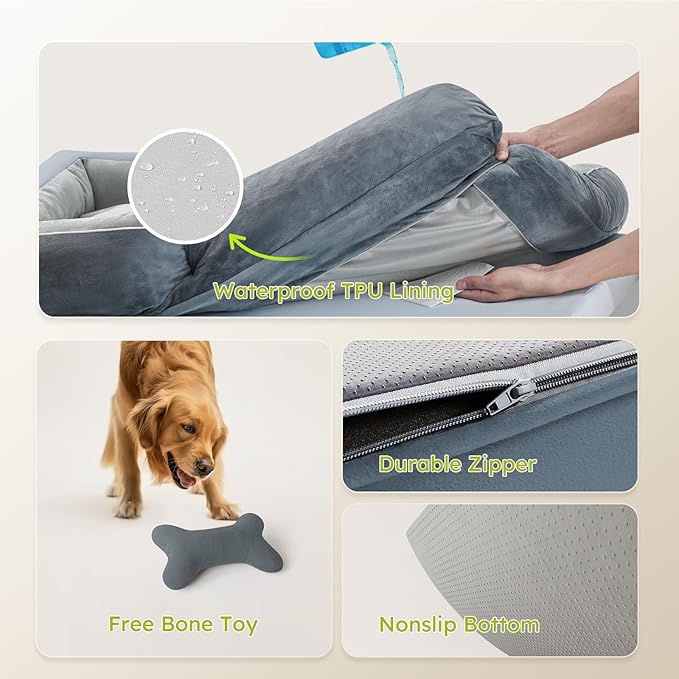 Jumbo Dog Bed for Extra Large Dogs, Orthopedic Dog Bed with Cooling Gel Memory Foam, Waterproof Pet Bed with Removable Washable Cover, 45" Pet Sofa Couch Dutch Velvet with Bone Toy, Dark Gray