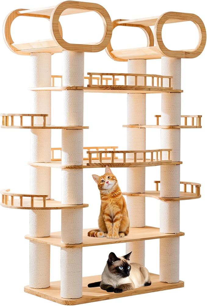 76.8'' Modern Cat Tree, Tall Cat Tower for Indoor Cats, Pine Wood Climb Tower with 2 Removable Mats, Heavy Duty Cat Furniture with Fully Wrapped Scratching Post, Huge Cat Condo for Multi-Cat Families
