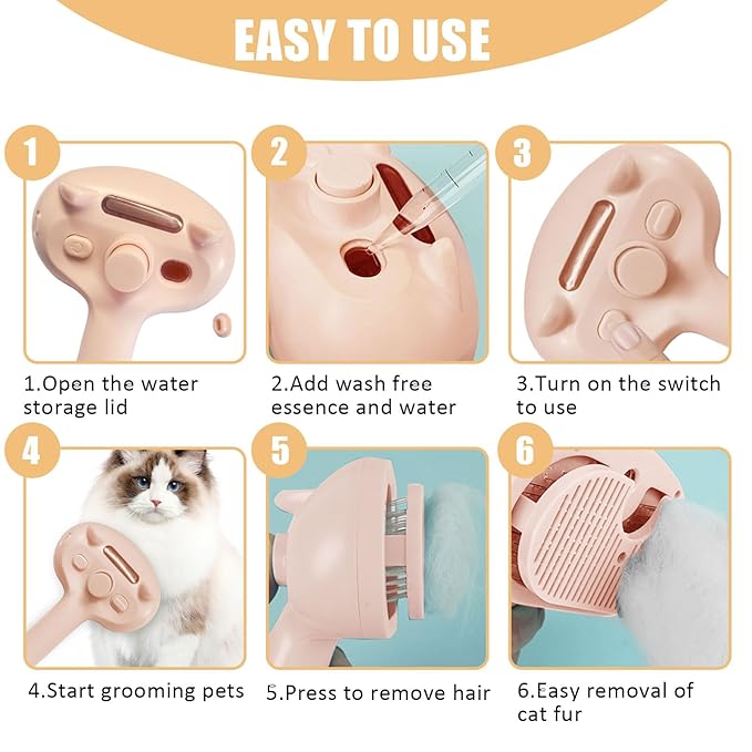 Cat Steam Brush for Shedding, Pet Steam Brush for Dog with Release Button,Anti-Static Pet Spray Hair Removal Comb,Cat Spray Comb for Long & Short Haired Pets,Pink