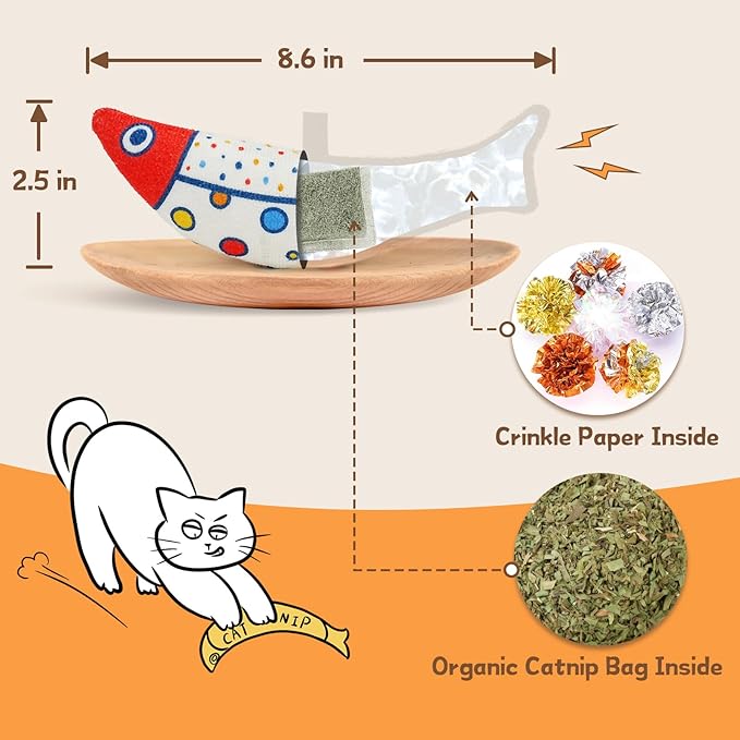 Cat Fish Catnip Toys for Cats, Pet Chew Toy for Bored Indoor Adult Cats, Crinkle Cat Kicker Toy for Indoor Kittens