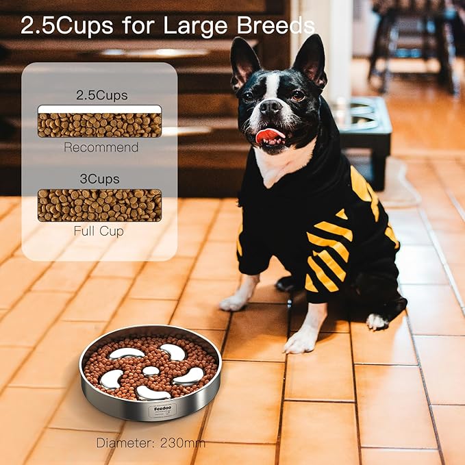 Slow Feeder Dog Bowl, Double Wall Food-Grade Stainless Steel, Heavy Duty with Non-Slip Rubber Base, 2.5Cups Capacity for Medium Large Dogs to Slow Down Eating