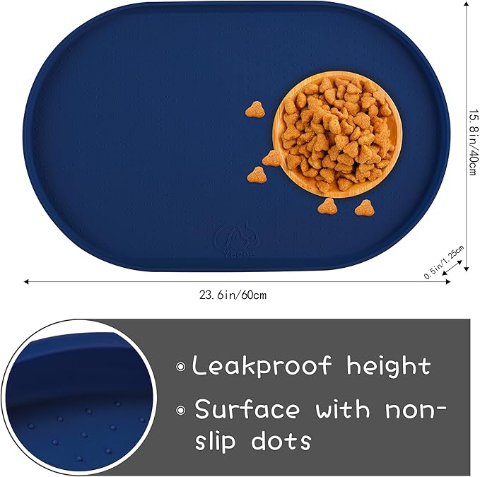 100% Waterproof 0.5" Raised Edge BPA Free Silicone Dog Food Mat, Pet Cat Feeding Mats Contain Spills Protects Floors, Placemats for Cats and Dogs Water Bowl Dishwasher. (Large/XL, Navy)