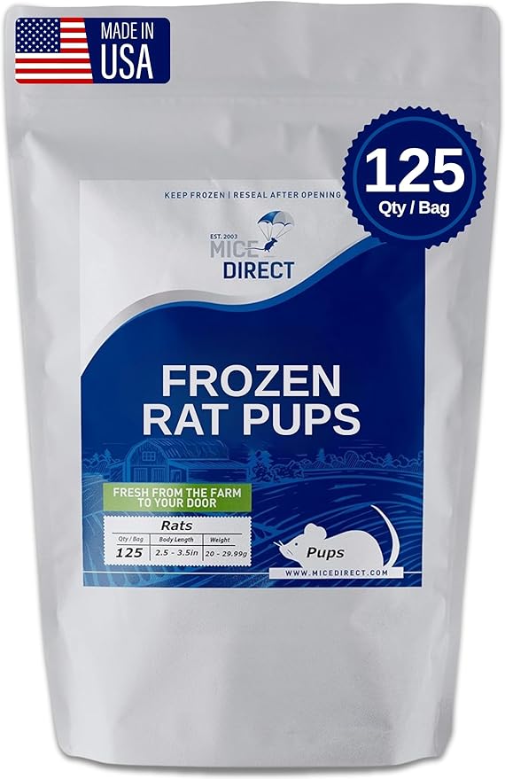 MiceDirect Frozen Rat Pups Snake Food - Frozen Rats for Snakes like Juvenile Ball Pythons, Adult Corn & Ball Pythons, Sub-Adult Red Tail Boas, Monitor Lizards, Birds of Prey - 2.5-3.5 in (125 Count)