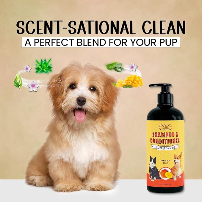 POM Pets 2-in-1 Organic Dog Shampoo & Conditioner – Itchy Skin Relief, Dog Deshedding, Detangles Fur, Cat Shampoo, Paw Cleaner for Dogs, Natural Coat Defense Formula