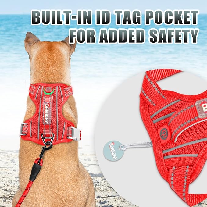 BARKBAY No Pull Dog Harness Large Reflective Dog Harness with Front Clip and Easy Control Handle for Walking Training Running with ID tag Pocket(Red,S)