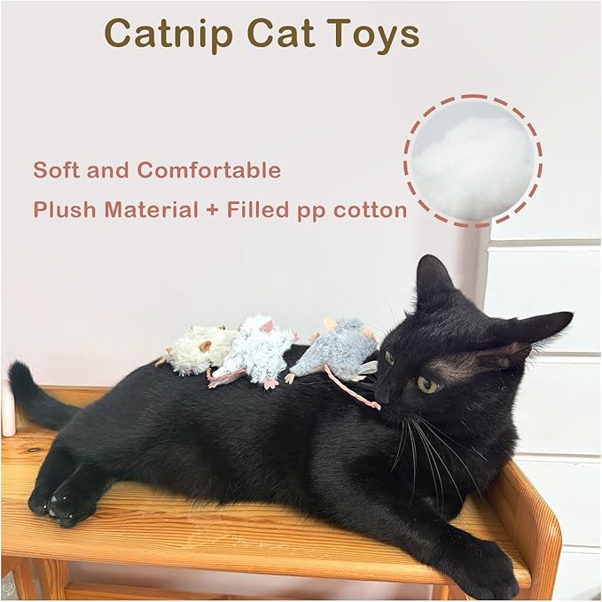 Catnip Cat Mice Toy,3 Pcs Plush Cats Nip Mouse Toys for Teeth Cleaning Chew Kitten Kicker Toy with Crinkle & Bell Cat Interactive Catnip Toys for Indoor Kittens Play Fetch