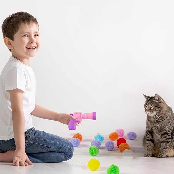 31Pcs Cat Ball Toy Launcher, 30Pcs Plush Fuzzy Balls, Cat Fetch Toy Gun Shooter for Indoor Kittens