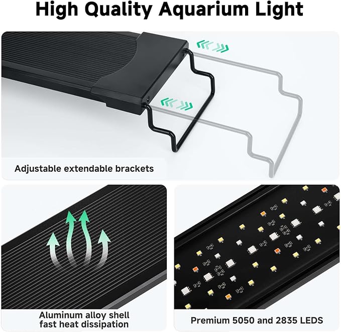 AQQA LED Aquarium Light, 24/7 Mode IP68 Waterproof Extendable Bracket Fish Tank Light, DIY Mode Full Spectrum Aquarium Plant Light, Adjustable Timer/Brightness Memory Function for 48-55 Inch Fish Tank