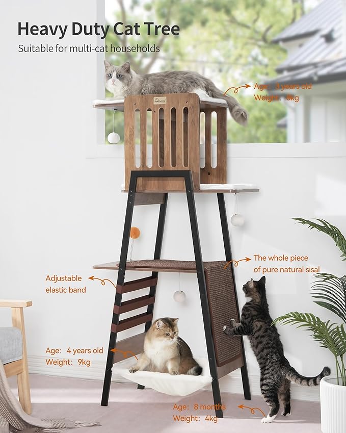 FourFurPets Modern Cat Tree, 58-Inch Cat Tower for Large Cats, Maine Coon Cat Tree with Scratching Board, Large Perch, Hammock and Removable Pads, Greige