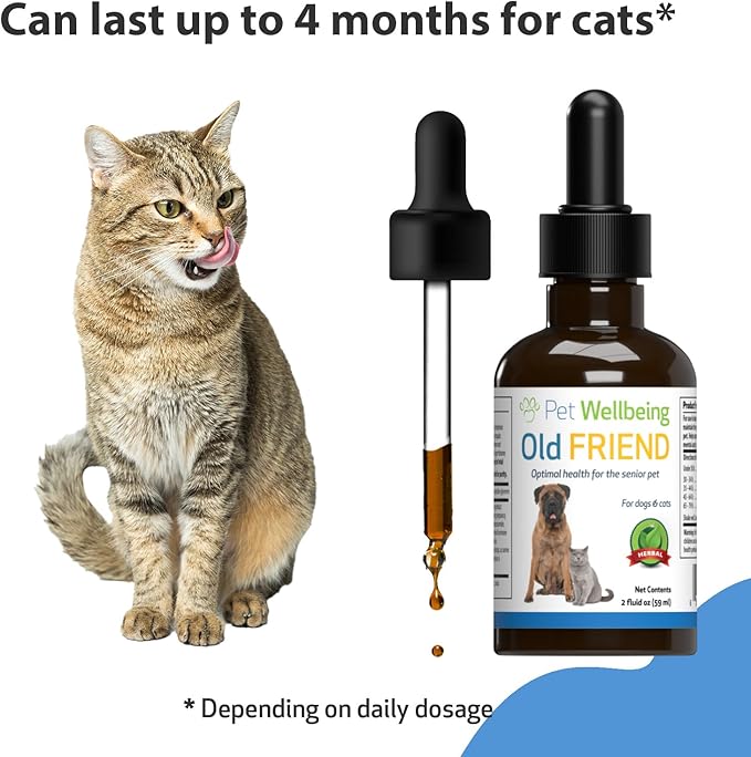 Pet Wellbeing Old Friend for Senior Cats - Supports Immune System Health, Joint Mobility, Healthy Energy Levels, Alfalfa, Reishi - Veterinarian-Formulated Herbal Supplement 2 oz (59 ml)
