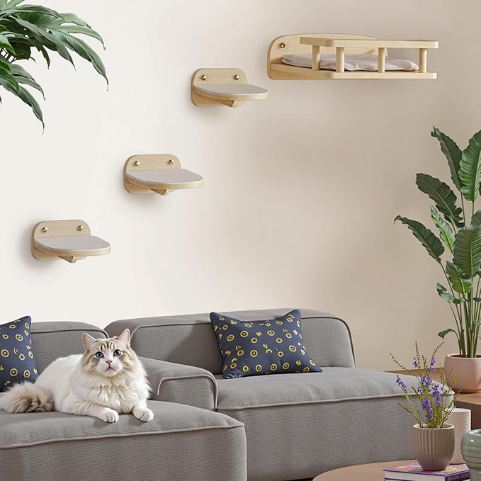 MeowHomm Cat Wall Shelves, Wood Cat Shelf with 3 Steps, Non-Slip Wall-Mounted Furniture for Kittens