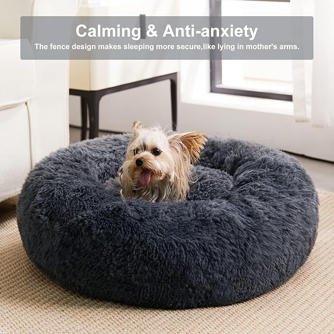 WNPETHOME Calming Dog Beds for Large Dogs, Anti-Anxiety Donut Pet Bed, Fluffy Faux Fur Plush Dog Bed，Warming Cozy Soft Round Pet Bed for Large Jumbo Dogs, Cat Cuddler Cushion