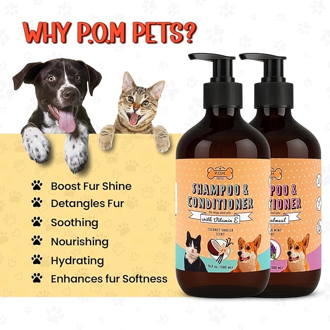 POM Pets 2 Pack 2-in-1 Organic Dog Shampoo & Conditioner – Itchy Skin Relief, Dog Deshedding, Detangles Fur, Cat Shampoo, Paw Cleaner for Dogs, Natural Coat Defense Formula