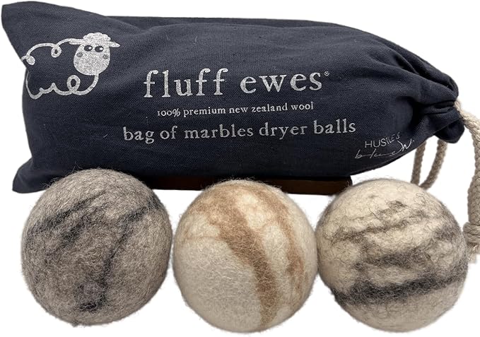 Fluff Ewes Wool Dryer Balls 3 Pack Premium New Zealand Wool Laundry Balls for Dryer, No Static Dryer Balls Laundry Reusable Cute, XL Wool Dryer Balls Cute, Baby Dryer Balls for Dryers - Marble