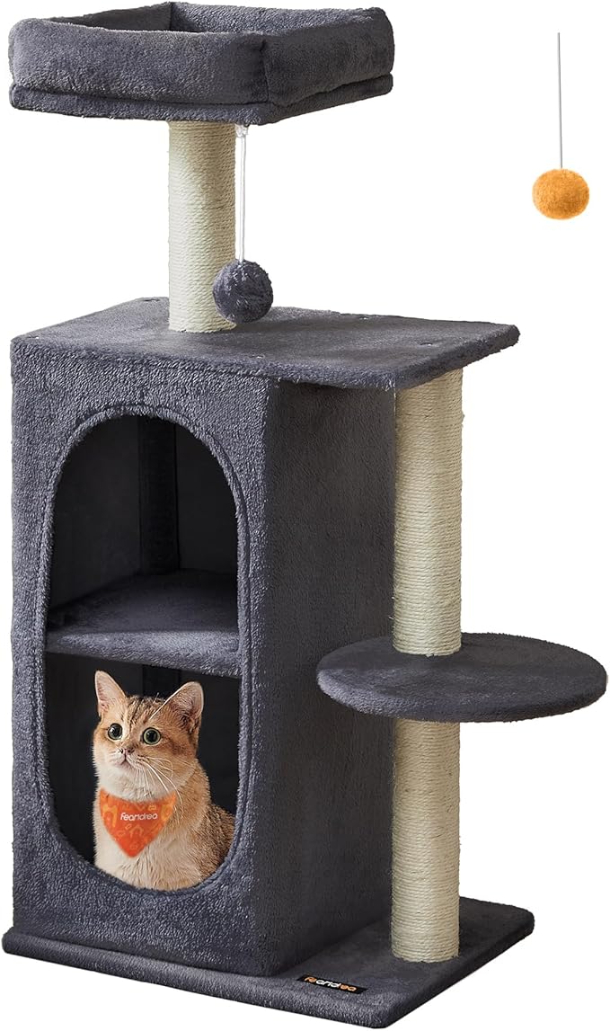 Feandrea Cat Tree Tower with 2 Caves for Multi-Cat Households, Kittens, Scratching Posts, Dark Gray UPCT005G02