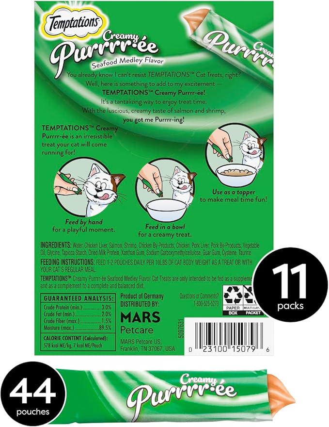Temptations Creamy Puree Mix-Ups Squeezable Lickable Wet Cat Treats, Seafood Medley Flavor, 0.42 oz. Tubes, 4 Count, Pack of 11 (44 Total)