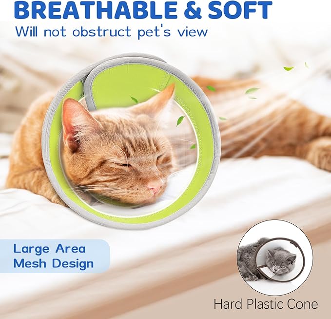 Breathable Air Mesh Cat Cone Collar Soft to Stop Licking, Adjustable, Foldable Lightweight Kitten Cones After Surgery Recovery for Cats & Kittens (Yellow Green,M)