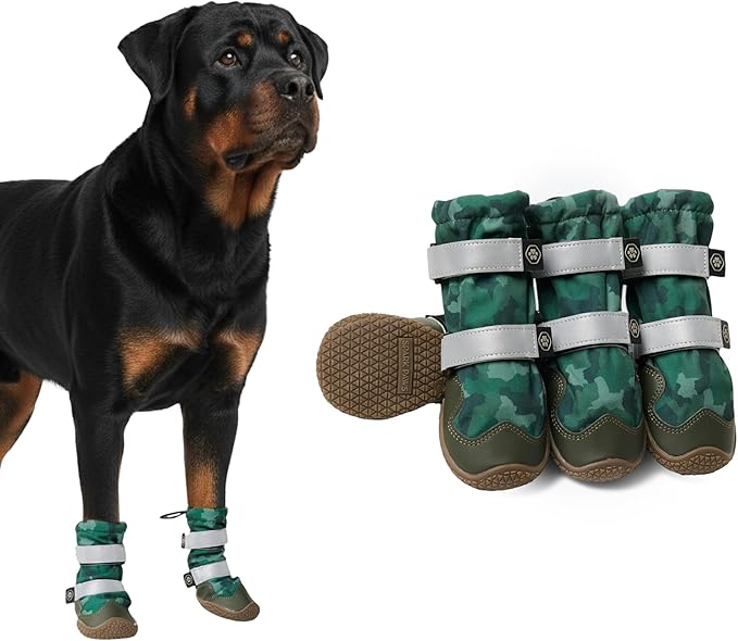 Spark Paws Dog Shoes, Waterproof Dog Boots for Medium to Large Dogs, Non Slip, Breathable Dog Booties and Paw Protectors - 4PCS Doggie Hiking Boots with Reflective Straps, Green Camo, Size 7