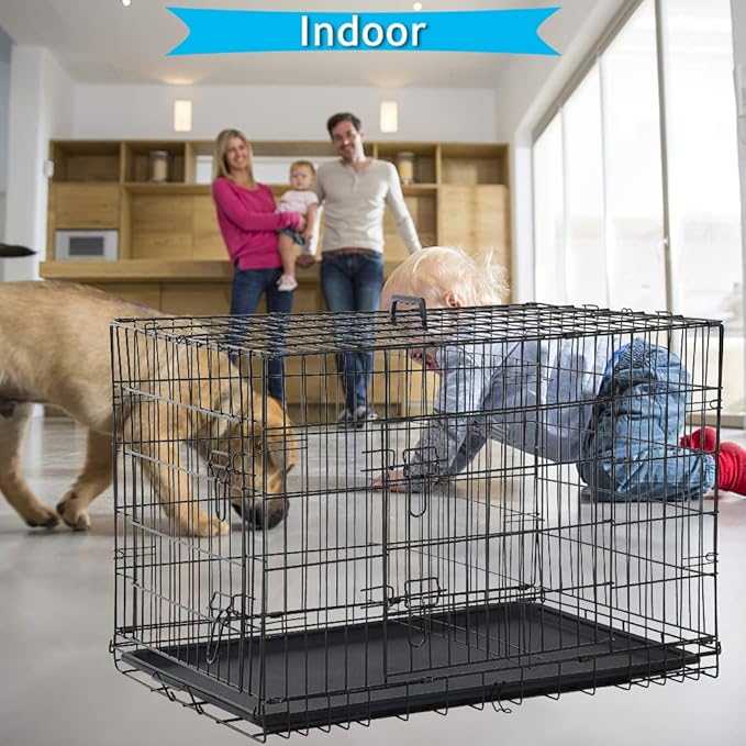 Dog Crate for Large Medium Small Dogs, Folding Dog Kennel Cage with Plastic Tray & Divider 48"/42"/ 36"/ 30"/ 24" Indoor Outdoor Metal Double Door Heavy Duty Dog Pen Enclosure, Black(30 Inch)