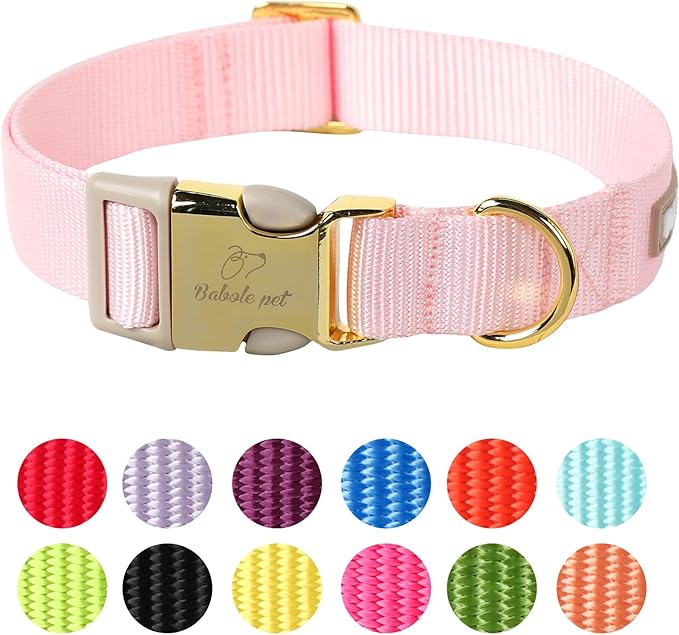 Nylon Dog Collar - Adjustable Pink Soft Webbing Dog Collars for Small Medium Large Dogs Boy Girl Puppy Collar with Safety Metal Buckle L