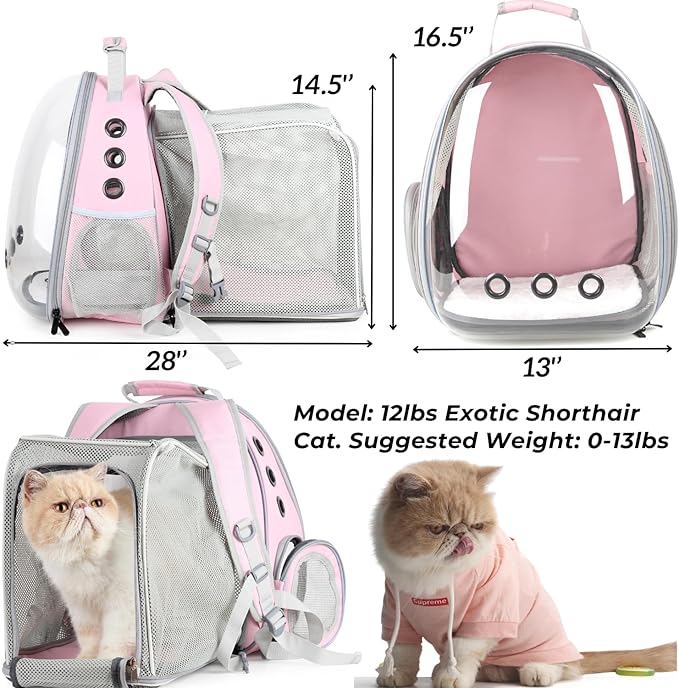 Lollimeow Cat Carrier Backpack, Bubble Expandable Backpack Carrier, Pets and Small Dogs,Airline-Approved, Designed for Travel, Hiking, Walking & Outdoor Use (Square Back Expandable-Pink)