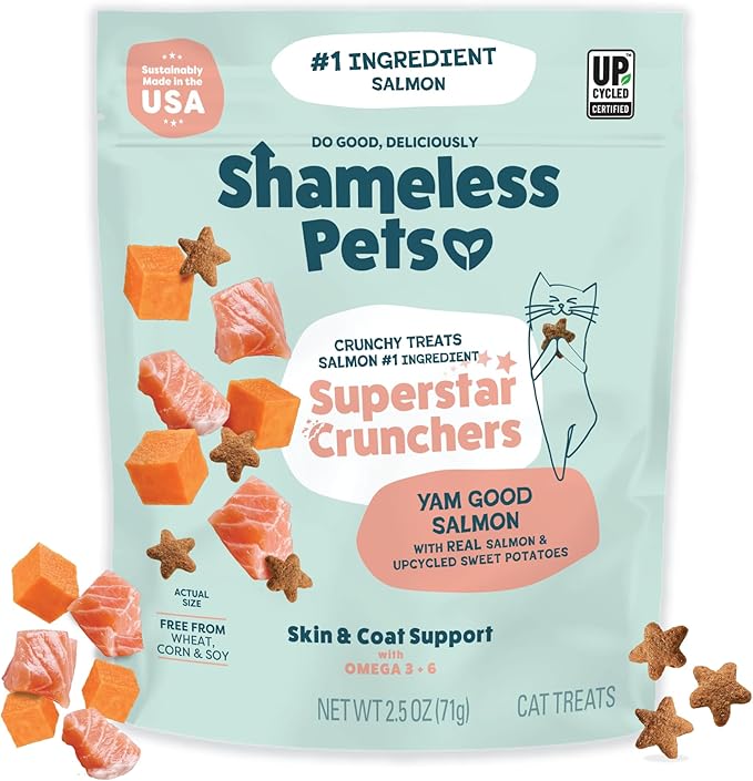 Shameless Pets Crunchy Cat Treats - Kitty Treats for Cats with Skin & Coat Support, Natural Ingredients Kitten Treats with Real Salmon, Healthy Flavored Feline Snacks - Yam Good Salmon, 1-Pk