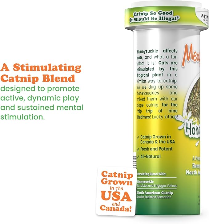 Meowijuana Honey Bee Bundle | Get Buzzed Honey Bee Wand Toy and Honeysuckle Haze Catnip Blend | Promotes Play and Cat Health | Includes North American Organic Catnip
