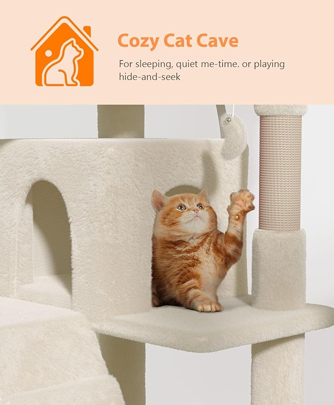 77'' Cat Tree Tower for Indoor Cats Large Adult, Cute/Tall Modern Cat Tree for Big Cats 20 lbs, Plush Multi-Level Cat Condo with Scratching Posts, Dangling Ball for Fun Play (Beige, 77 inch)