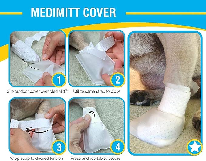 Outdoor Water proof COVER. Slides over MediMitts for dogs paw (which are sold SEPARATELY) Fastens with Medimitt strap. Useful for hot spots, allergies & chronic licking Value pk (X-Large 20pk)