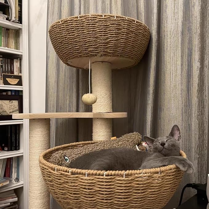 54" Large Modern Cat Trees, Luxury Rattan Oak Solid Wood Cat Trees Towers，3 Weaving Cat Nests & Washable Cool Cushions, Sisal Scratching Posts,Cat Condo for Indoor Cats- Wood Wax Oil Version