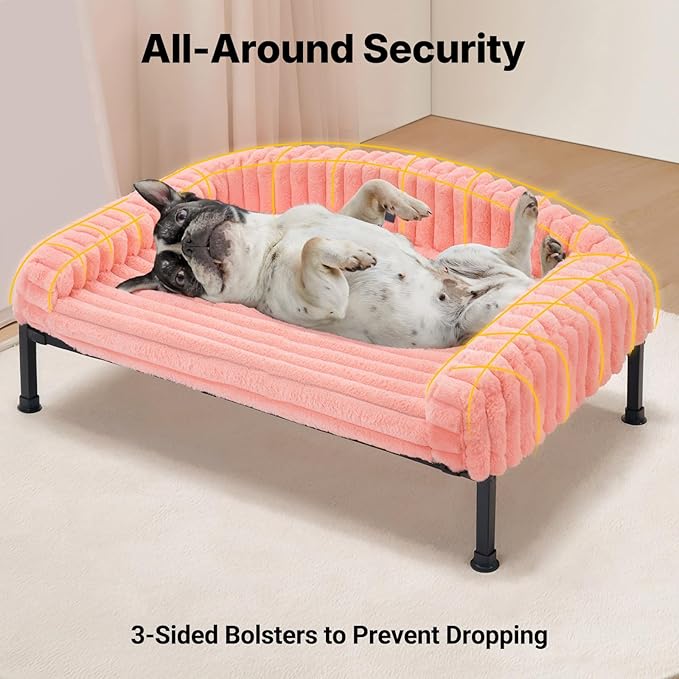 Veehoo Elevated Dog Bed with Bolster Cushion, Fluffy Plush Dog Couch Beds for Small Dogs, Cats, Washable Raised Pet Cot with Non-Slip Feet for Indoor or Patios Use, 24 x 18 Inches, Pink