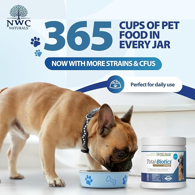 NWC Naturals Total-Biotics, Cat & Dog Probiotics for Digestive Health with Prebiotic, Unflavored Probiotic for Dogs & Cats, Supplement for Gut, Skin, Coat, Upset Stomach Relief, 365 Servings, 8 Ounces