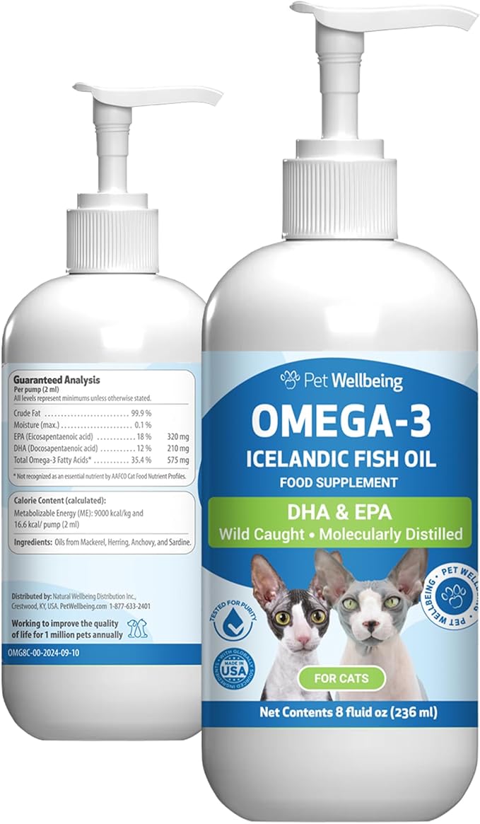 Pet Wellbeing Omega-3 Icelandic Fish Oil for Cats - Wild-Caught, Cold-Water Fish, Healthy Skin and Coat, Joint Health and Mobility, Fatty Acids, Anchovies, Sardines - EPA, DHA - 8 fl oz (236 ml)