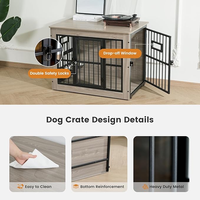 Gardner Pet Dog Crate Furniture for Small Dog, 27.2 Inches Dog Kennel Indoor, Wooden Dog Cage End Table, Heavy Duty Dog Crates, Rustic Grey