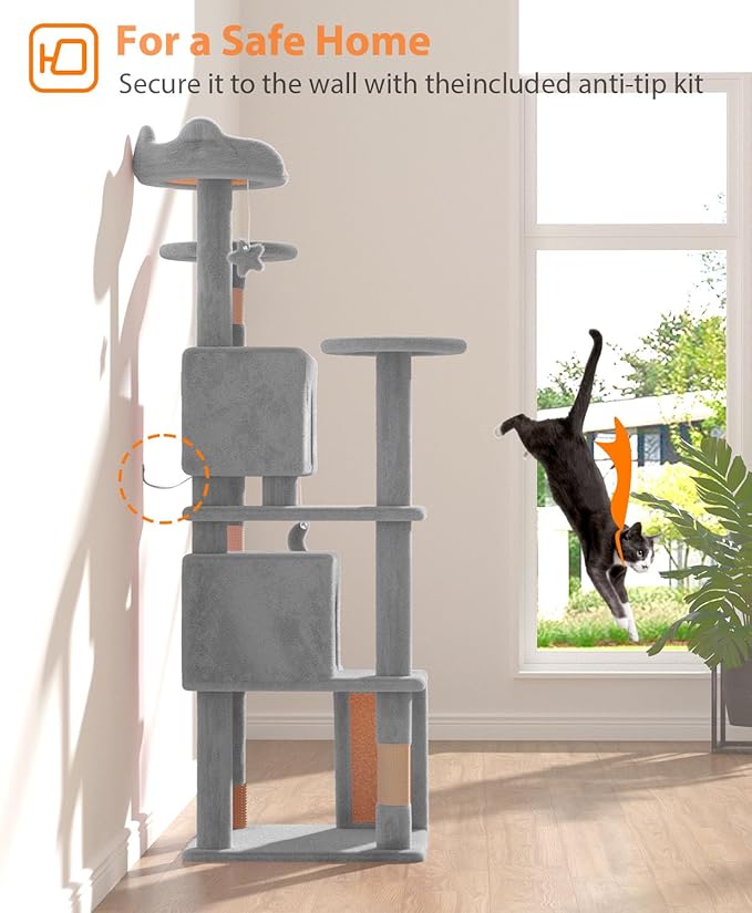 60'' Cat tree Tower for Indoor Cats Large Adult,Cute/Tall Modern Cat Tree for Big Cats 20 lbs,Plush Multi-Level Cat Condo with Scratching Posts,Dangling Ball for fun play(Light Gray, 60 inch)