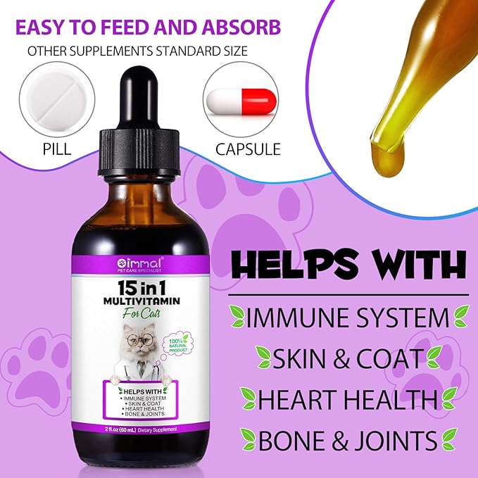 Liquid Multivitamin for Cat, 15 in 1 Cats Multivitamin Liquid Drops Supplements for Skin & Coat, Heart Health, Bones and Joint, Cat Vitamins with Glucosamine and MSM, Immune System Support -60ml