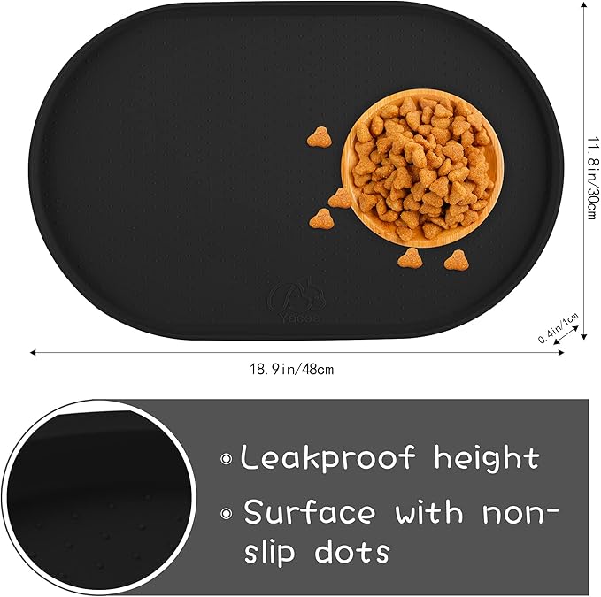 100% Waterproof 0.5" Raised Edge BPA Free Silicone Dog Food Mat, Pet Cat Feeding Mats Contain Spills Protects Floors, Placemats for Cats and Dogs Water Bowl Dishwasher. (Small, Black)