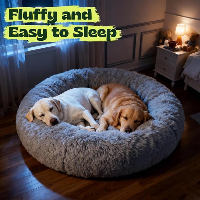 Extra Large Donut Calming Dog Bed with Orthopedic Memory Foam Dogs,42 Inch Pet Bed Cuddler Anti Anxiety with Comfort Cooling Gel,Removerable Waterproof Round Plush Cover Sofa for Machine Washable,Grey