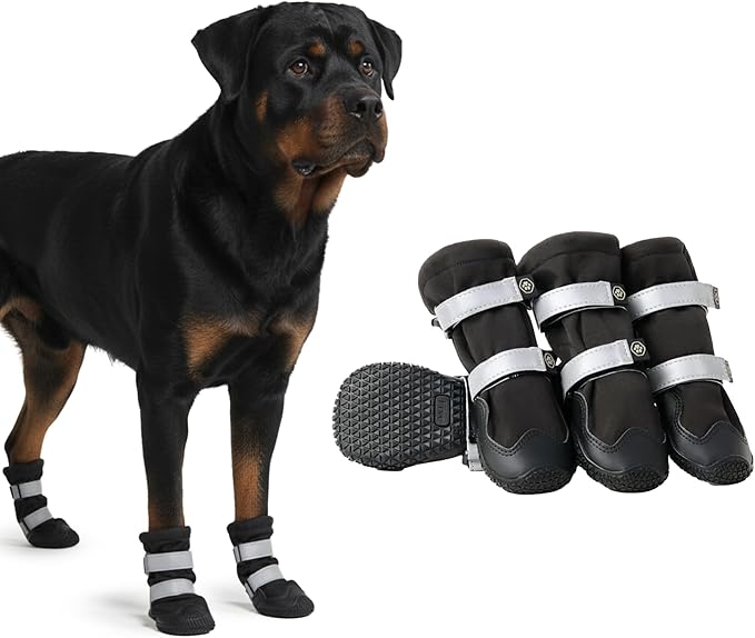 Spark Paws Dog Shoes, Waterproof Dog Boots for Medium to Large Dogs, Non Slip, Breathable Dog Booties and Paw Protectors - 4PCS Doggie Hiking Boots with Reflective Straps - Black - Size 7